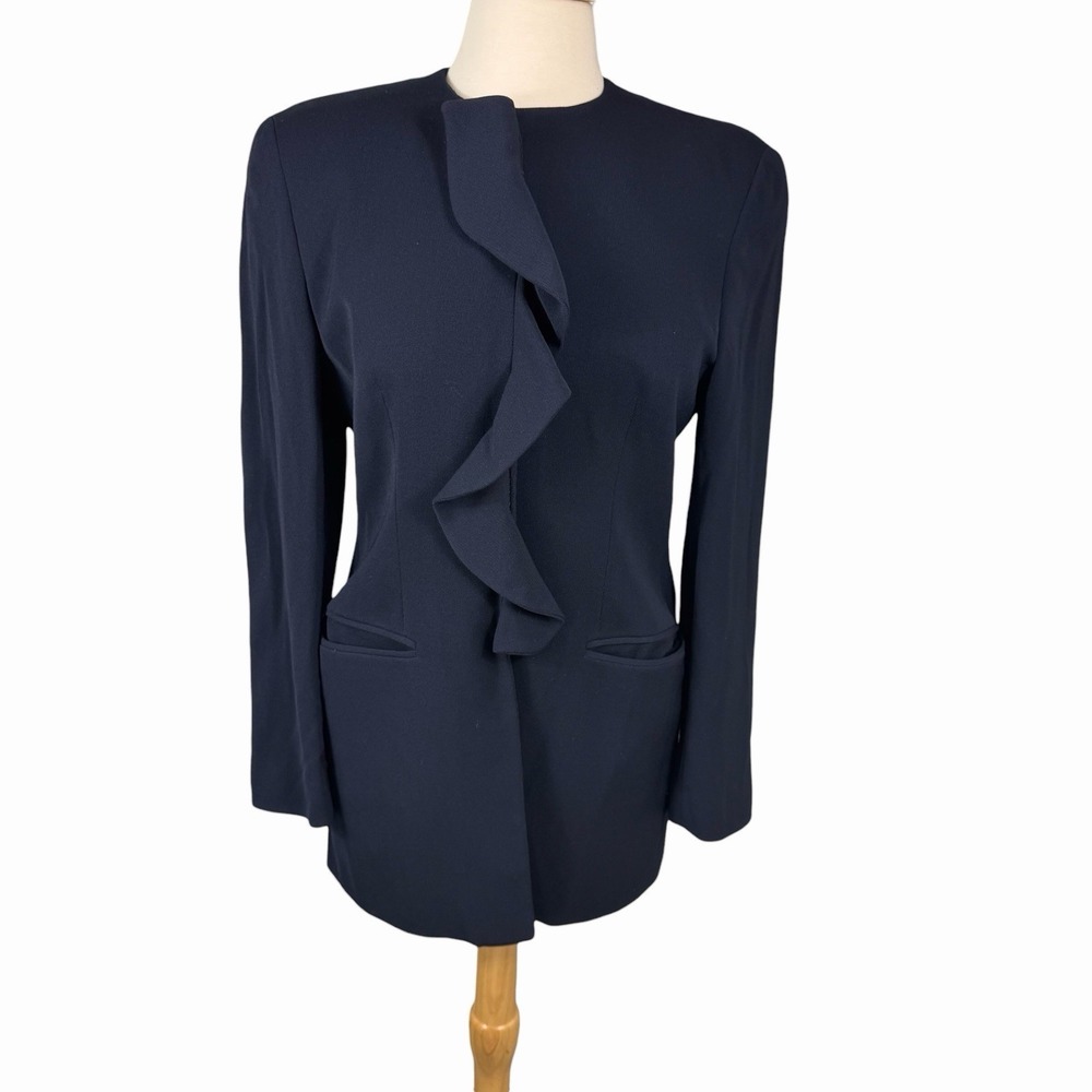 Vintage Giorgio Armani Women's Blazer Ruffle Front Navy Blue Sz 42 Made In Italy